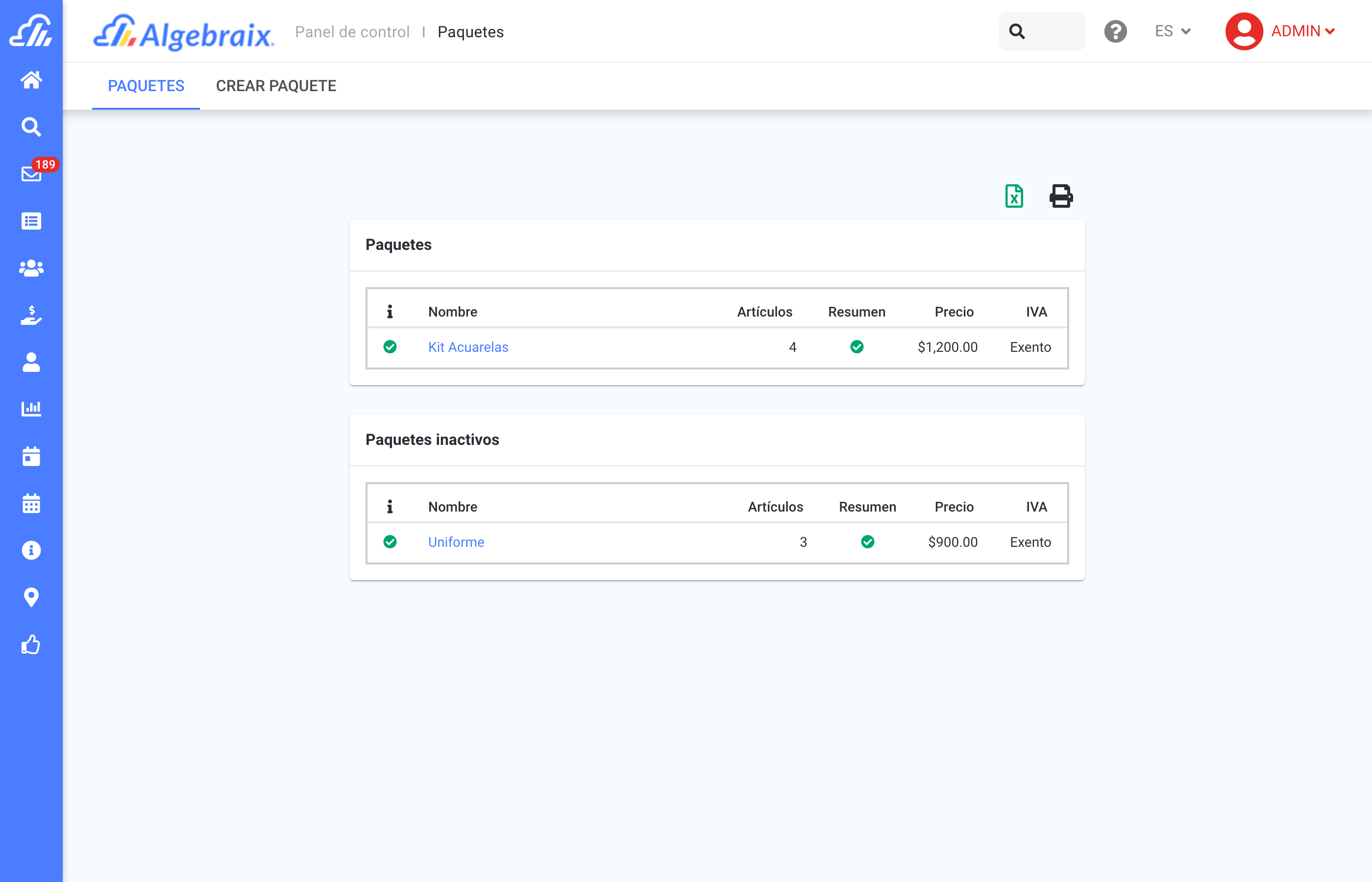 Paquetes de artículos